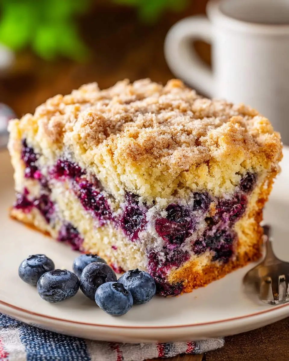 Blueberry buckle 28 A slice of homemade blueberry buckle with crumb topping on a white plate, served with fresh blueberries.