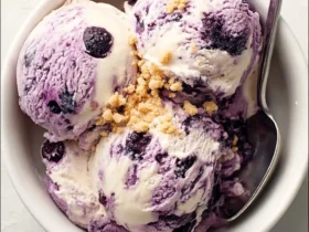 Blueberry Cheesecake Ice Cream 48 Three scoops of Blueberry Cheesecake Ice Cream in a white bowl topped with graham cracker crumbs and a spoon.