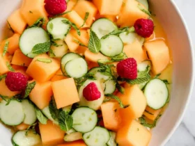Cantaloupe Salad with Honey Lemon 50 Fresh Cantaloupe Salad with Honey Lemon dressing, cucumber slices, raspberries, and mint in a white bowl.