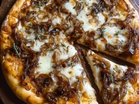A freshly baked Caramelized Onion Cheese Pizza with golden crust, melted cheese, and thyme garnish on a wooden board.