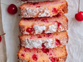 Cherry Almond Bread 49 Sliced Cherry Almond Bread loaf dusted with powdered sugar on parchment paper with fresh cherries scattered around.