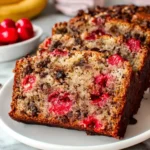 Sliced Cherry Banana Bread with chocolate chips on a white plate, with fresh cherries and bananas in the background.