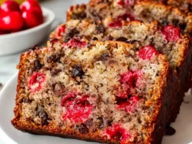 Cherry Banana Bread 46 Sliced Cherry Banana Bread with chocolate chips on a white plate, with fresh cherries and bananas in the background.