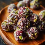 Cherry Pistachio Energy Balls stacked on a wooden plate, coated with coconut flakes and chopped pistachios.