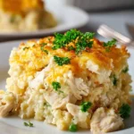 A slice of cheesy chicken cauliflower rice casserole topped with fresh parsley on a white plate.
