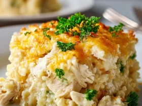 Chicken cauliflower rice casserole 47 A slice of cheesy chicken cauliflower rice casserole topped with fresh parsley on a white plate.