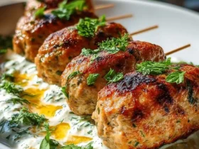Grilled Chicken Kofta with Garlic Yogurt Sauce served on a white plate, garnished with fresh herbs and drizzled with olive oil.