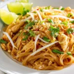 A plate of Chicken Pad Thai with rice noodles, bean sprouts, crushed peanuts, cilantro, and lime wedges.