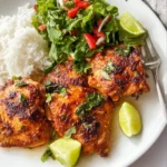 Chili Lime Chicken Thighs served with white rice, fresh salad, and lime wedges on a white plate.