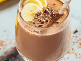 A creamy chocolate banana smoothie in a glass topped with banana slices and chocolate shavings.