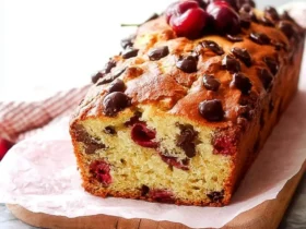 Sliced Chocolate Chip Cherry Bread topped with fresh cherries and chocolate chips on a wooden board.