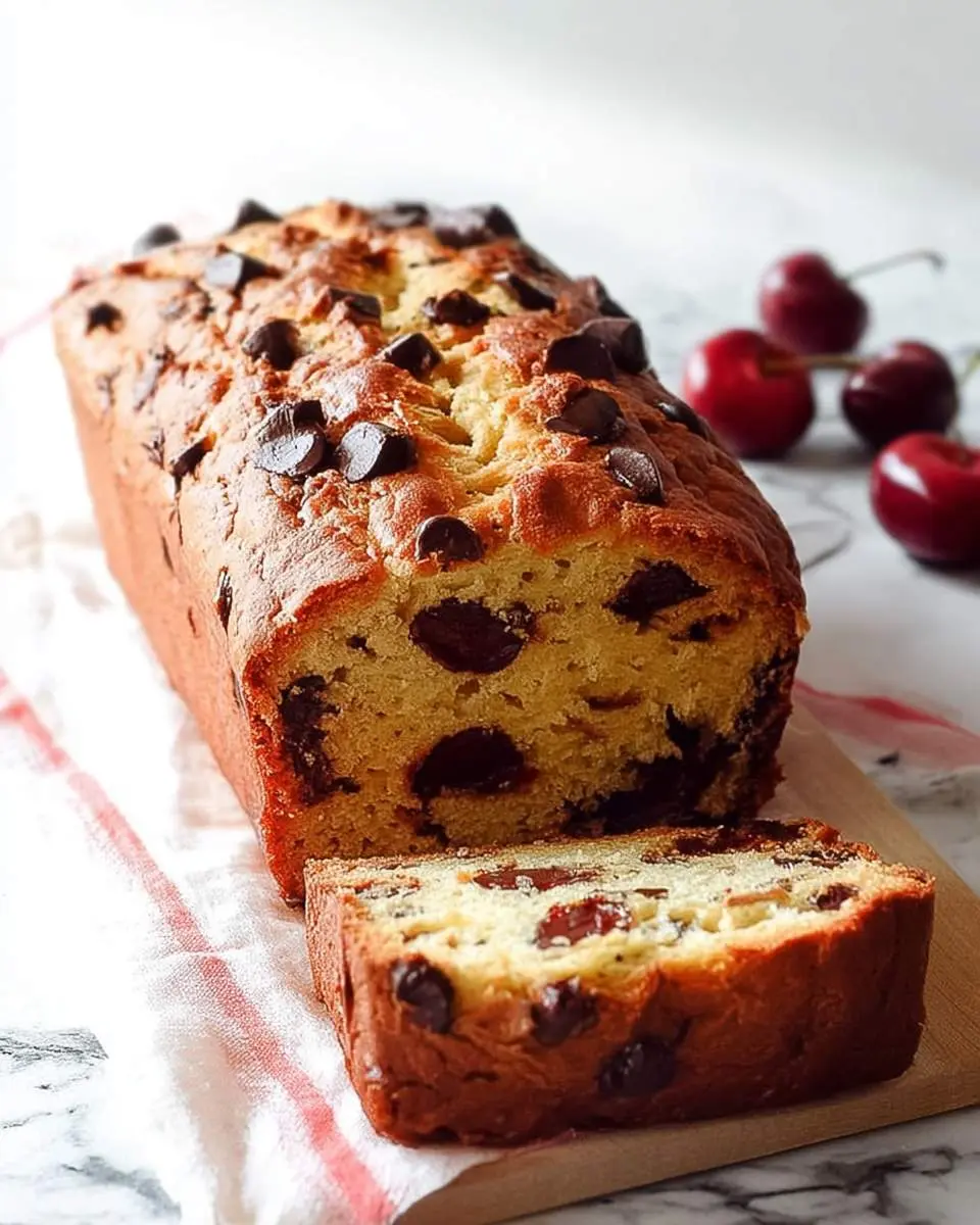 Sliced loaf showing chocolate chips and cherry pockets in tender crumb
