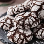 A stack of freshly baked chocolate crinkle cookies with powdered sugar coating on a dark slate surface.