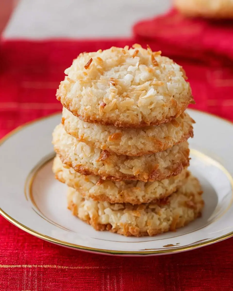 coconut cookies 29 Stack of golden coconut cookies on a white plate with gold trim, placed on a red tablecloth.