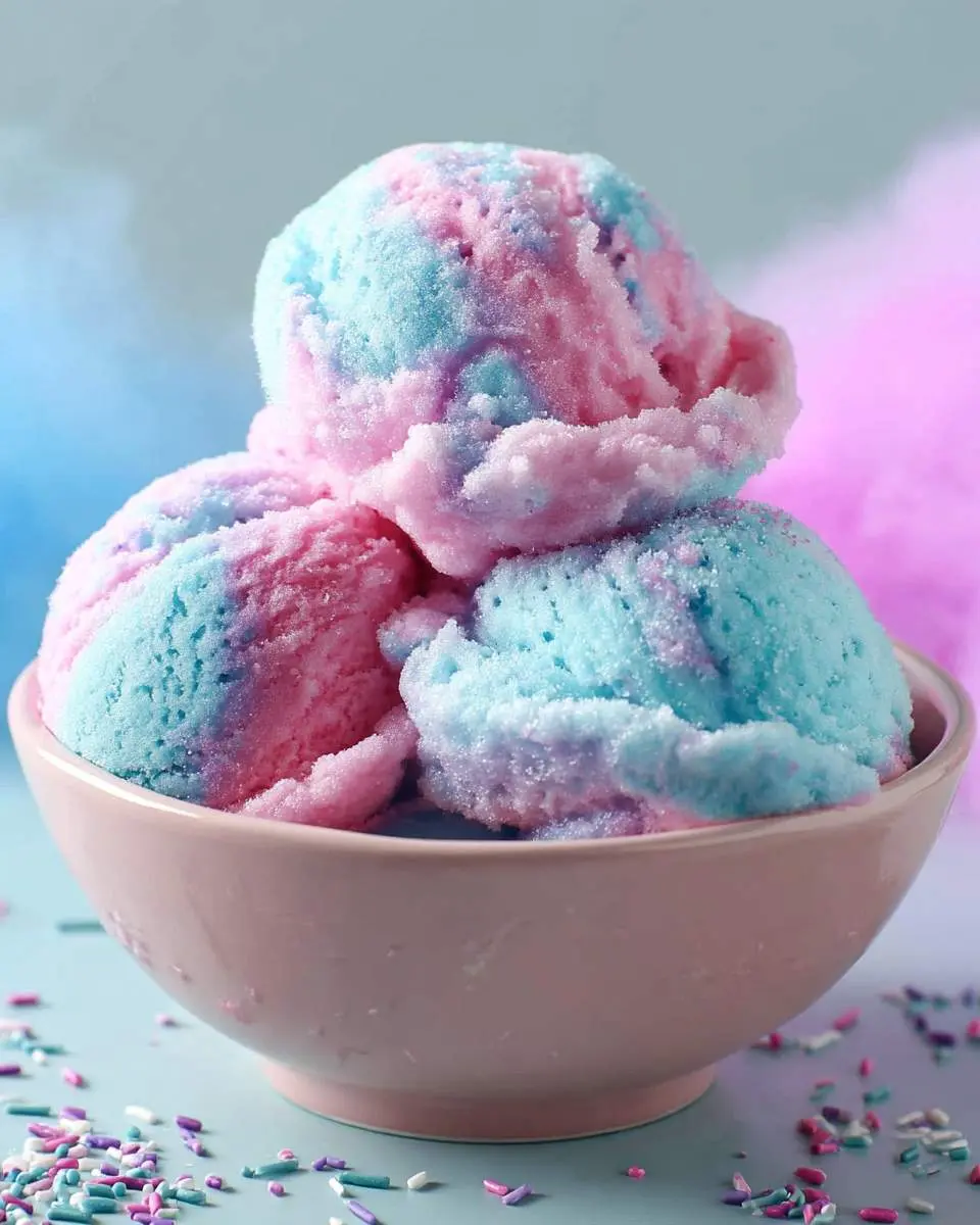 scoops of pink cotton candy ice cream in a glass dish