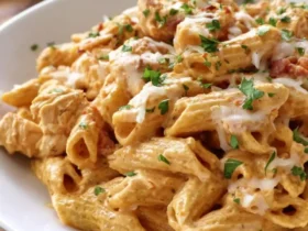 A white plate filled with creamy Crockpot chicken taco pasta topped with melted cheese and fresh cilantro.