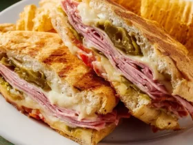 A pressed Cuban sandwich with layers of ham, cheese, and pickles served with crispy chips on a white plate.