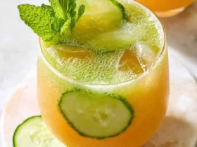 A refreshing glass of Cucumber Melon Agua Fresca garnished with mint, cucumber slices, and ice on a marble surface.