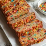 Sliced Fruity Pebbles bread on a white platter showing colorful cereal pieces baked into moist cake slices.