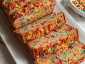 Fruity Pebbles bread 52 Sliced Fruity Pebbles bread on a white platter showing colorful cereal pieces baked into moist cake slices.