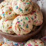 A stack of soft Funfetti cookies with colorful sprinkles in a brown bowl.