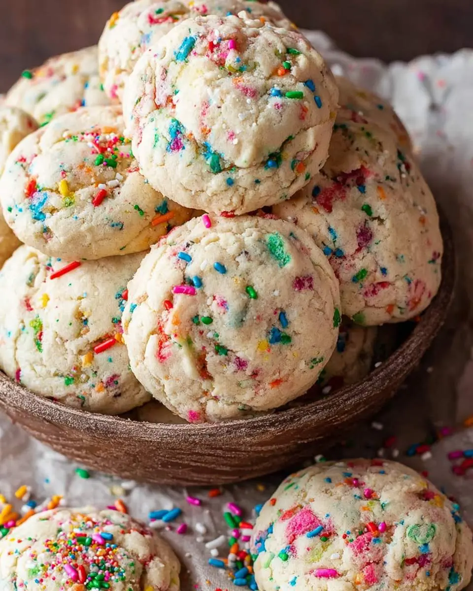 Funfetti cookies 28 A stack of soft Funfetti cookies with colorful sprinkles in a brown bowl.