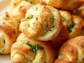 Golden baked garlic knots stacked on a white plate, topped with fresh parsley and herbs.