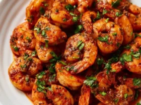 Garlic paprika shrimp skillet 39 A white plate piled high with golden-orange garlic paprika shrimp skillet, garnished with fresh chopped herbs.