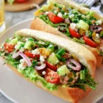 Two Greek salad sandwiches on a white plate filled with fresh vegetables, feta cheese, and olives.