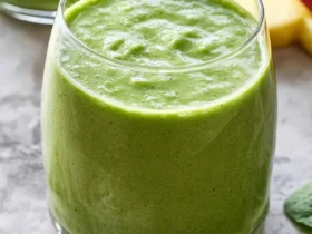 A glass filled with creamy green spinach smoothie sits on a marble surface with fresh spinach leaves nearby.