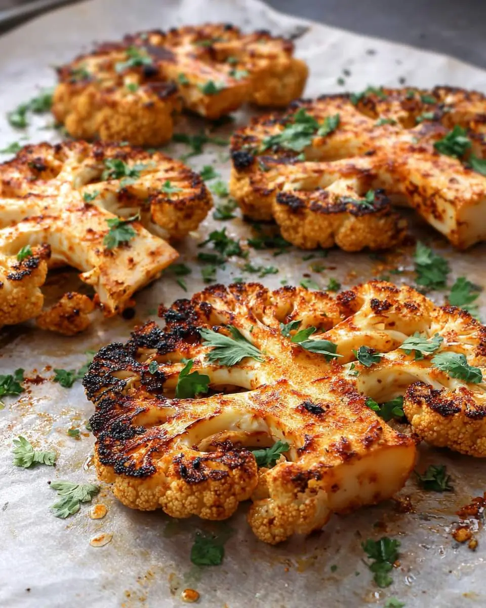 Golden brown grilled cauliflower steaks topped with fresh herbs on parchment paper.