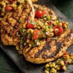 Grilled chicken breasts topped with fresh corn salsa on a black slate serving board.