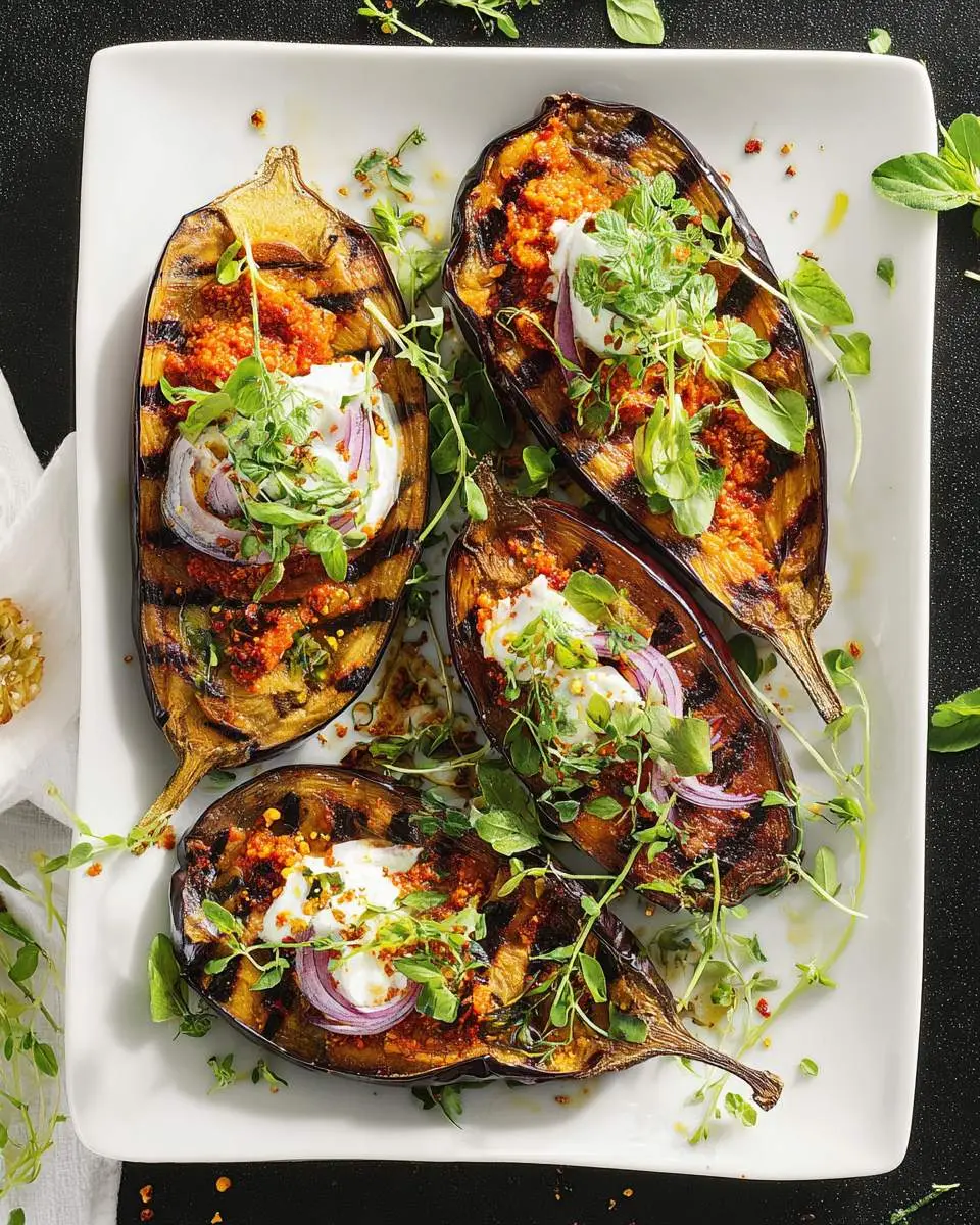 Grilled Eggplant with Harissa 28 Grilled Eggplant with Harissa served on a white plate, topped with yogurt, red onion, and fresh herbs.