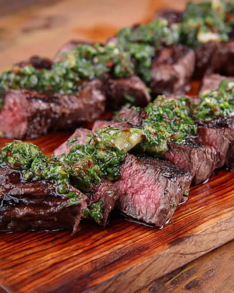 Grilled Hanger Steak with Chimichurri 28 Sliced Grilled Hanger Steak with Chimichurri sauce on a wooden cutting board.