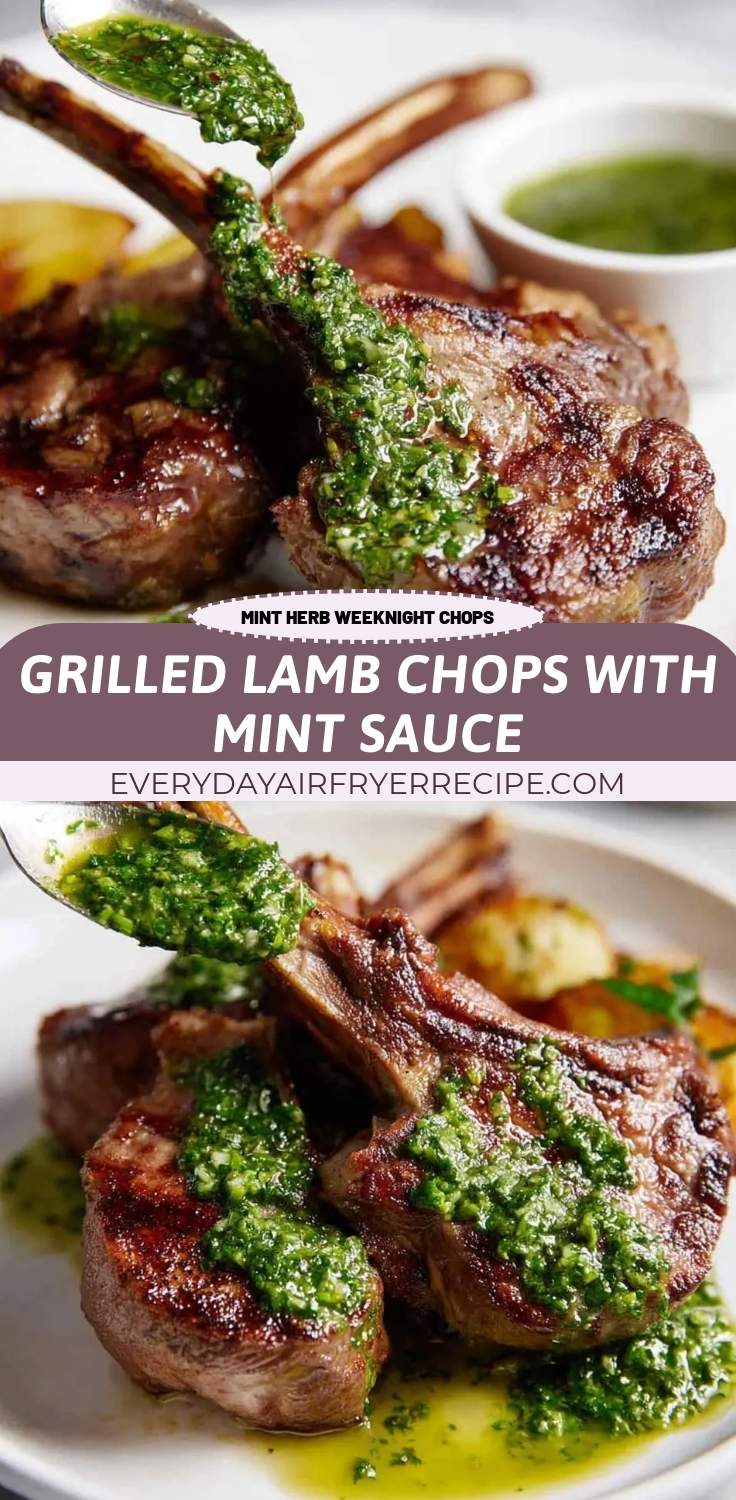 finished grilled lamb chops arranged on a white plate with fresh mint garnish
