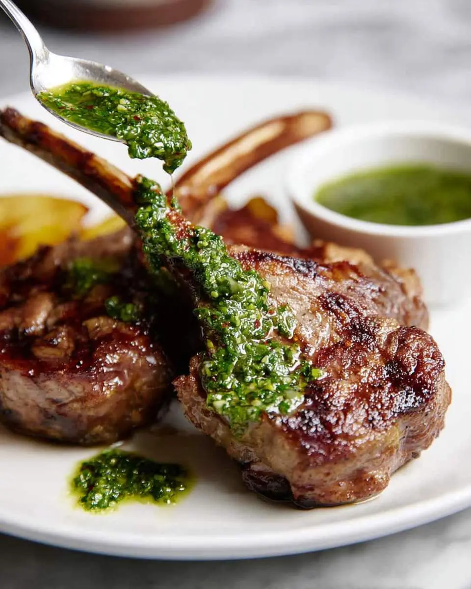grilled lamb chops on a plate with fresh mint sauce drizzled over top