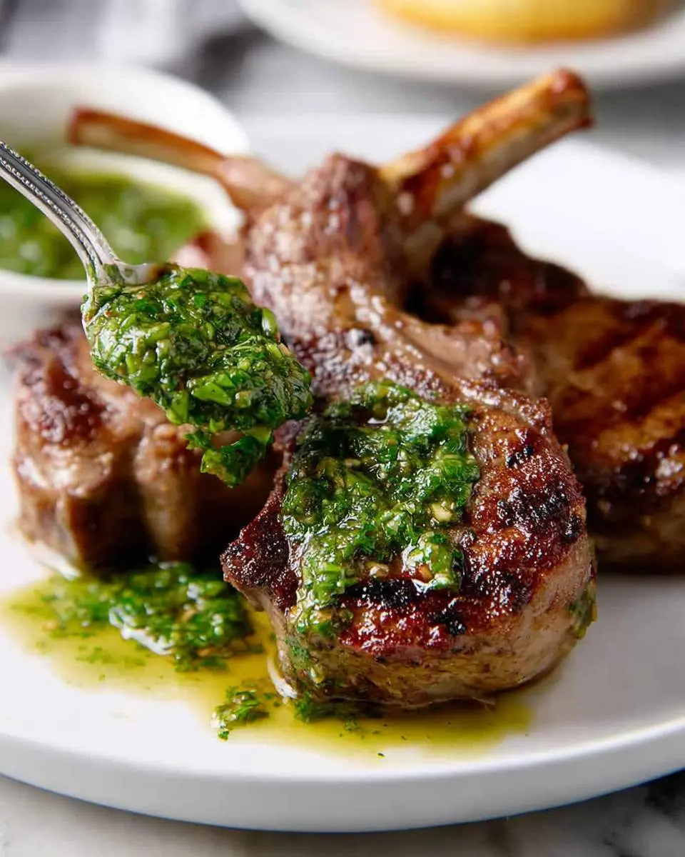 fresh lamb chops with mint sauce ingredients arranged on a cutting board