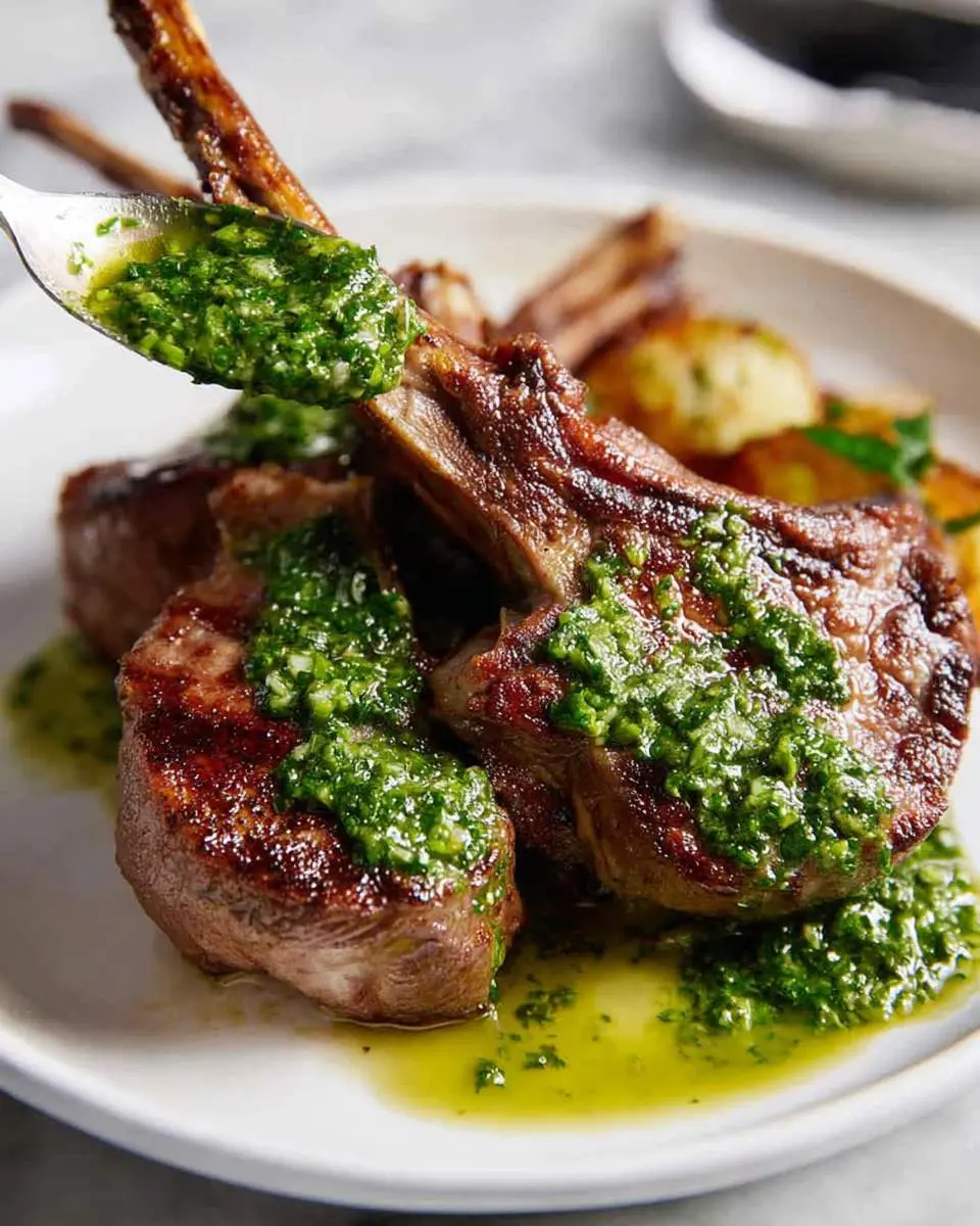 A spoon drizzles green mint sauce over perfectly grilled lamb chops served on a white plate.