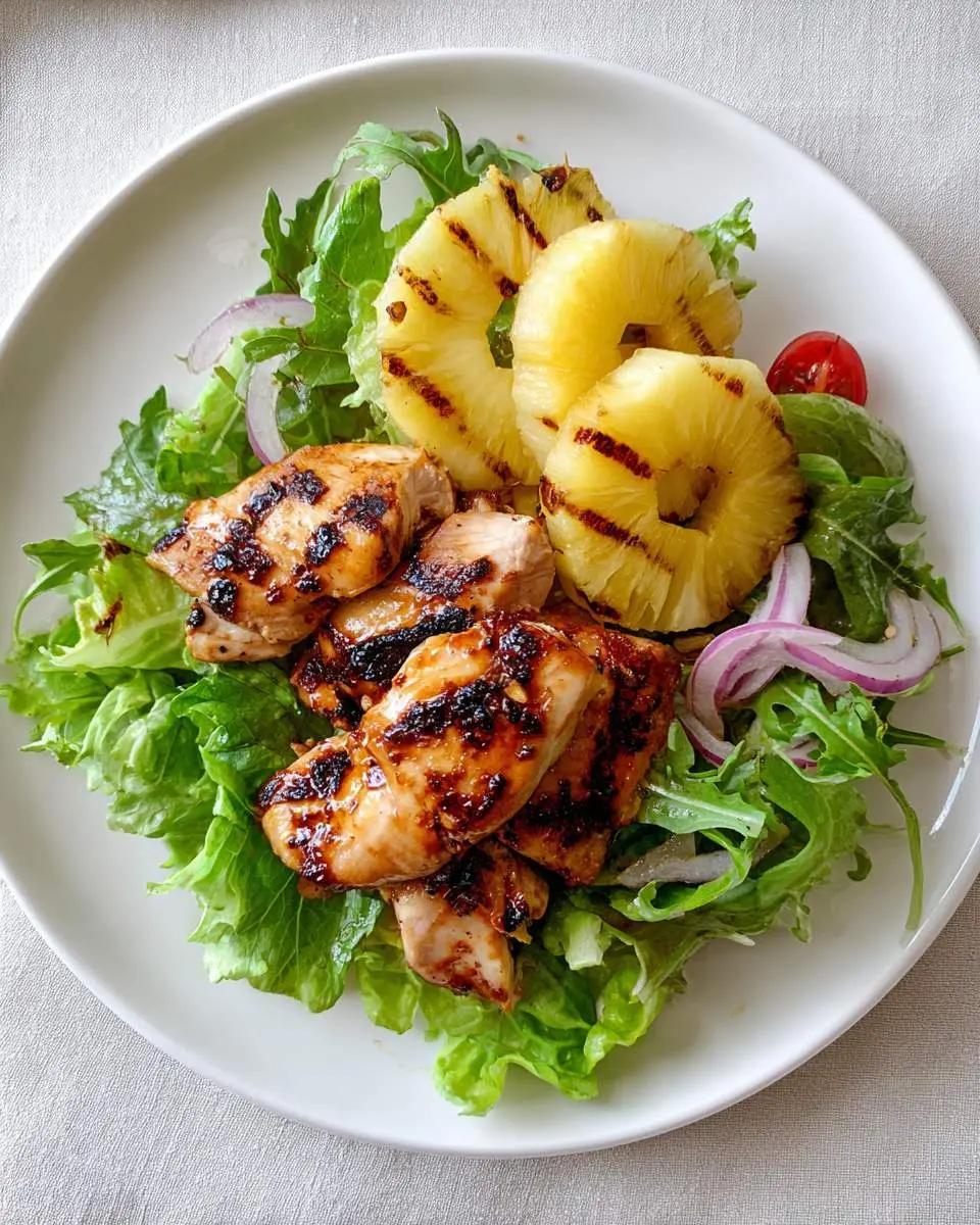 Grilled Pineapple Chicken Salad with caramelized chicken, pineapple rings, and fresh greens on a white plate.