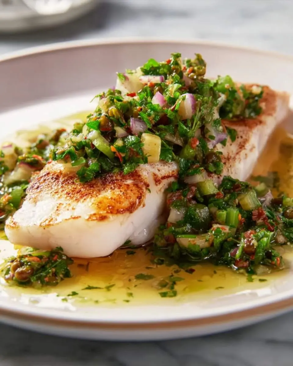 grilled snapper fillets on a platter with green sauce spooned over top