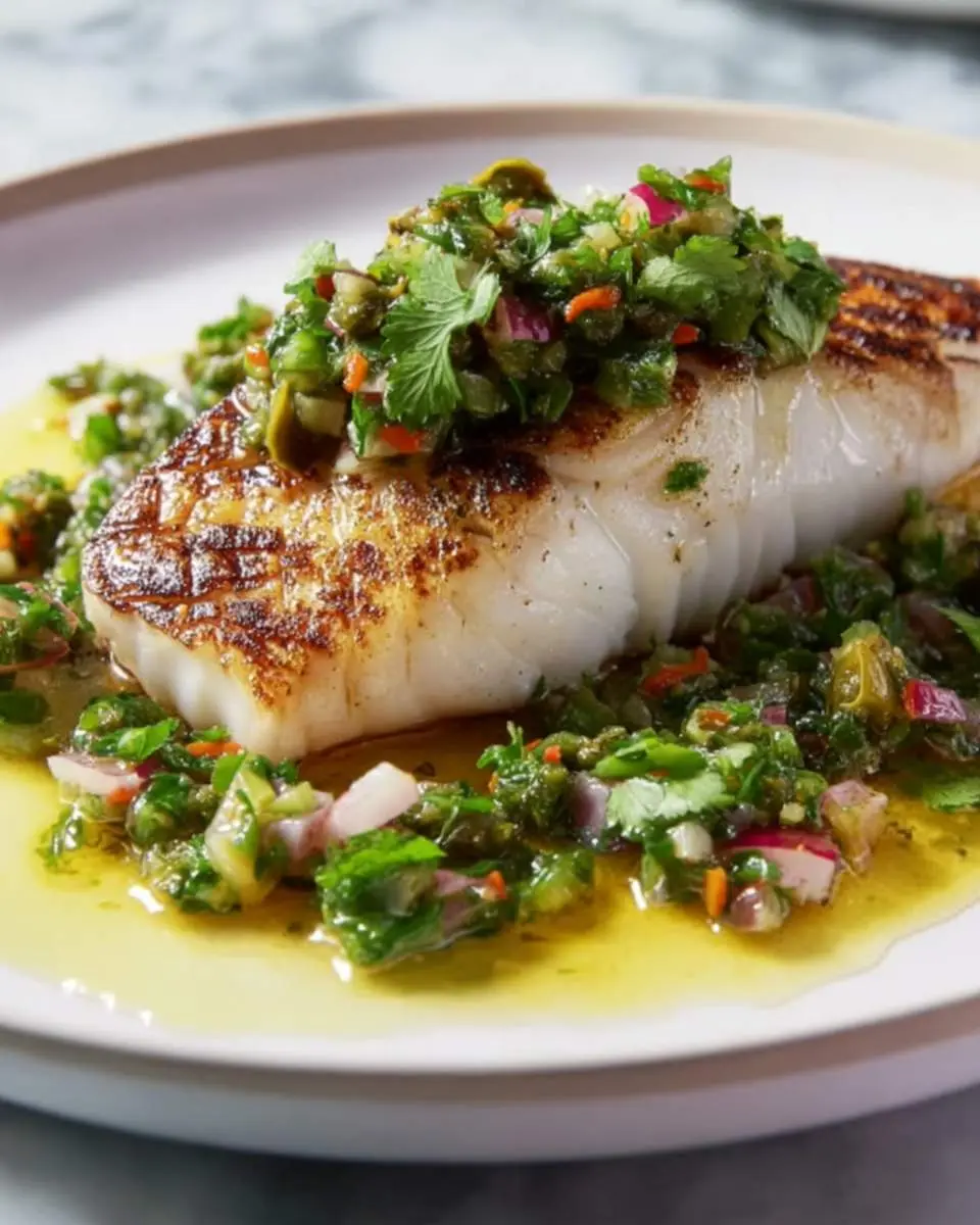 fresh red snapper fillets with salsa verde ingredients on a cutting board