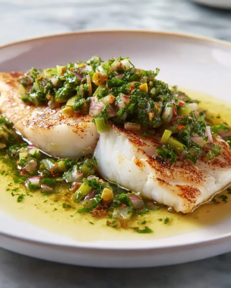 Two pieces of Grilled Red Snapper with Salsa Verde on a white plate, topped with fresh herb sauce.