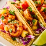 Three Honey Chipotle Shrimp Tacos with pineapple salsa, purple cabbage, and lime wedges on a white plate.