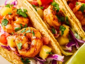 Three Honey Chipotle Shrimp Tacos with pineapple salsa, purple cabbage, and lime wedges on a white plate.