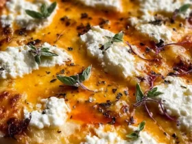 Close-up of hot honey ricotta pizza topped with creamy ricotta dollops, fresh thyme, and drizzled with spicy honey on golden crust.