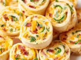 A stack of Jalapeno Popper Pinwheels showing spiral layers of cream cheese, cheddar, bacon, and jalapenos in tortilla rolls.