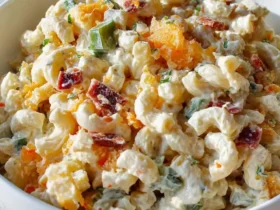 Creamy Jalapeño Popper Macaroni Salad in a white bowl with bacon, cheese, and peppers visible.