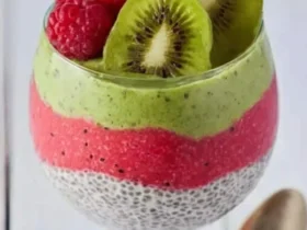 Kiwi Raspberry Chia Pudding 48 Layered Kiwi Raspberry Chia Pudding in a glass with fresh kiwi slices and raspberries on top.