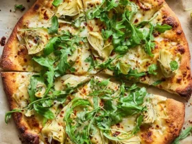 Freshly baked Lemon Artichoke Arugula Pizza topped with melted cheese, tender artichoke hearts, and peppery arugula on golden crust.