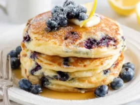Stack of fluffy Lemon Blueberry Pancakes topped with fresh blueberries, butter, and powdered sugar on a white plate.